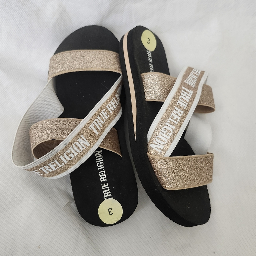 True Religion Girls Black/Rose Gold Sparkle Strappy Sandals Size 1 & 3